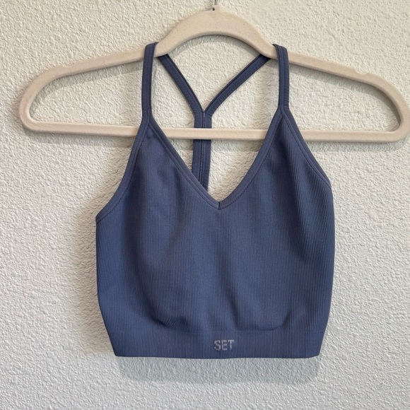 Set Active Womens M/L Ribbed Blue Grey Workout Gym Sports Bra Casual Boho - Picture 1 of 6